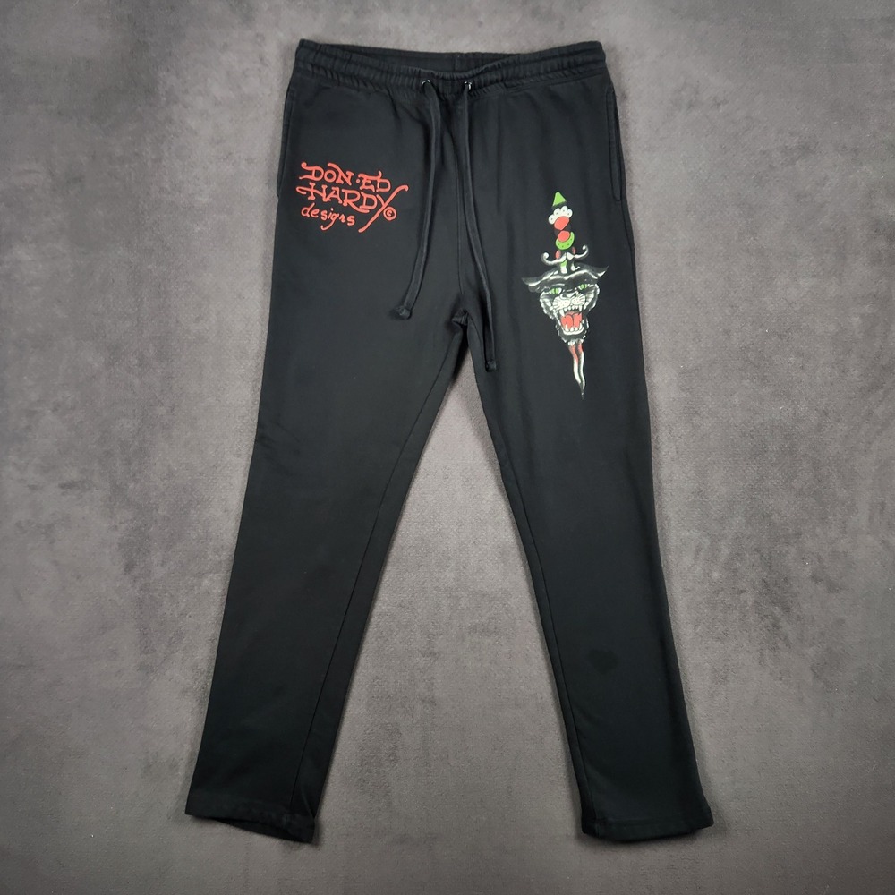Ed Hardy‎ Sweatpants Men 35 Black Panther Dagger Tattoo Graphic Y2K Streetwear